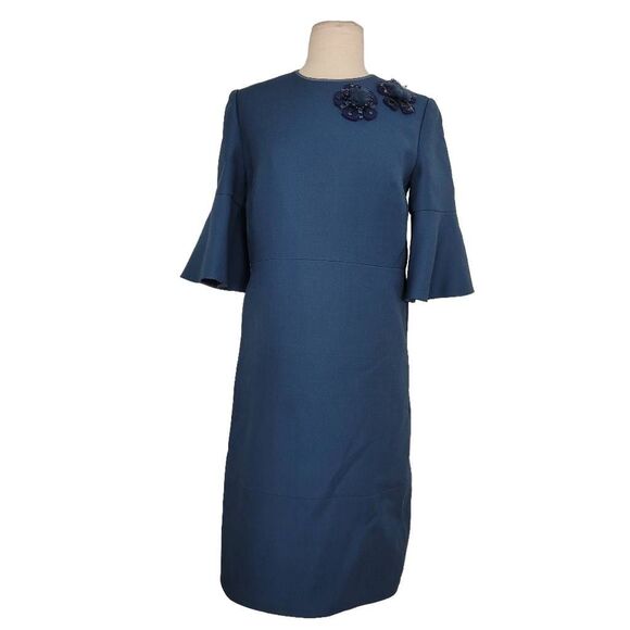 Fendi Blue Trumpet Bell Sleeve Floral Appliqué Sheath Dress Sz 40 US S Wool Silk - Picture 1 of 16